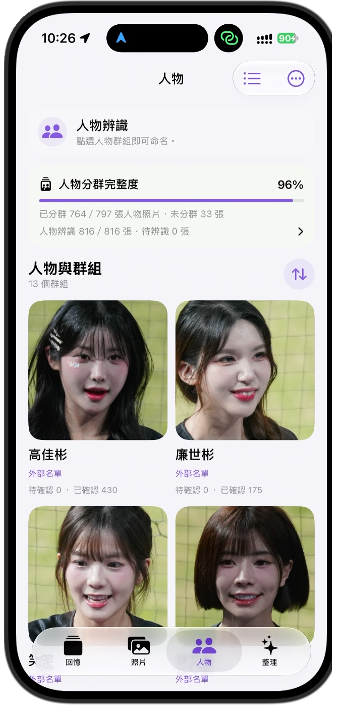 PhotoMind 人物群組總覽實機畫面